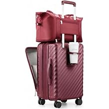 Carry On Luggage with Front Compartment and Cup Holder, KVF Expandable PC Hard Shell Suitcase with Front Pocket (FX-Plus, Ruby Red, 2-Piece (20/Tote))