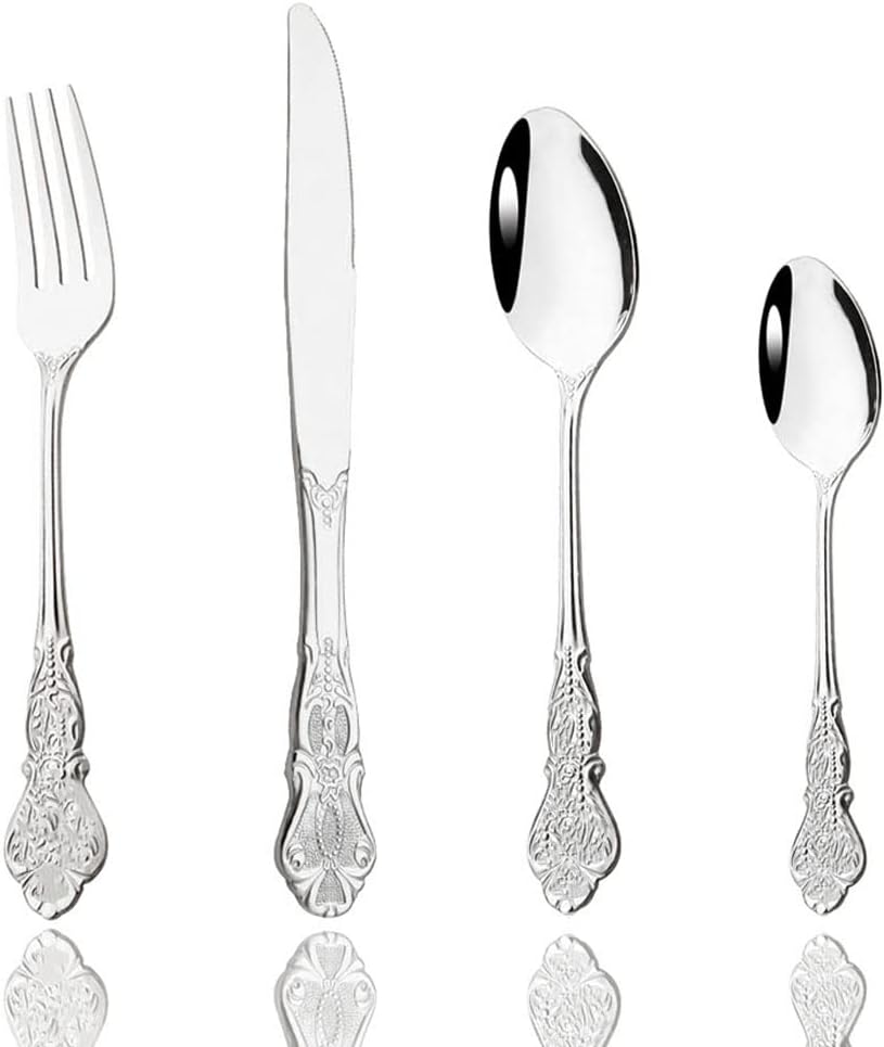 JASHII 4-Piece Black Cutlery Set Silverware Set, Mirror Polished, Stainless Steel Flatware Cutlery Eating Utensils Service for 1, Unique Elegant Pattern, Dishwasher Safe (Black)