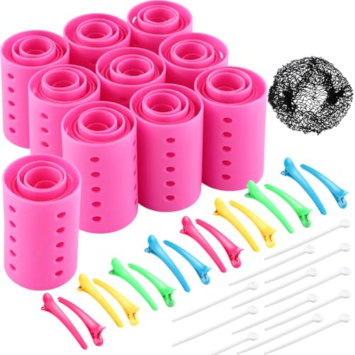 141 Pieces Hair Rollers Set Include 60 Plastic Hair Rollers Pink,6 Size