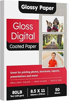8.5 x 11 Double Sided Glossy Paper for Laser Printers Only (50 Sheets) - 80lb Text / 32lb Bond C2S Gloss Coated - Brochures, Flyers, Photos & Professional Projects - Acid-Free