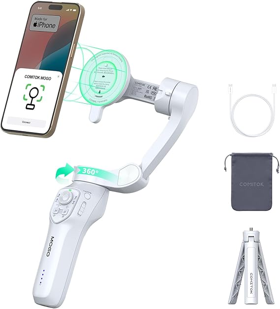 COMITOK MOGO Only for iPhone, Gimbal Stabilizer for iPhone, [MFi Certified] Phone Gimbal with 360 Degree Face Tracking for Video Recording, NFC Pair and Magnetic Mount for iPhone 17 Pro Max
