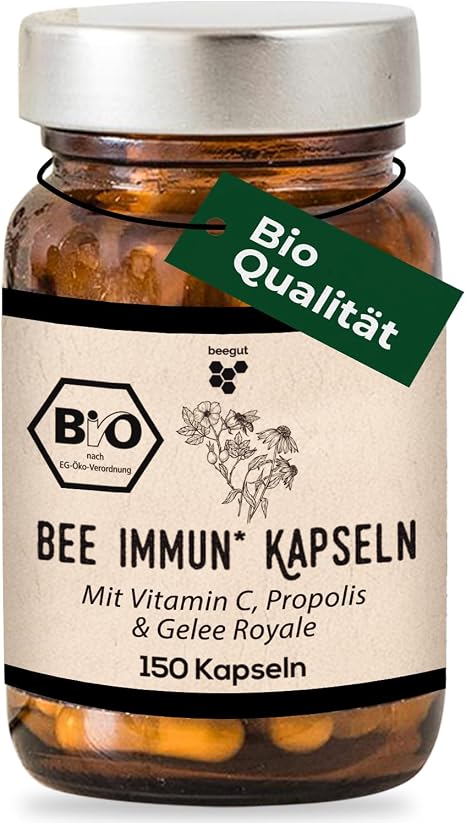 beegut Organic Bee Immune Complex - 150 Capsules with Propolis Echinacea Vitamin C (Acerola) Rosehip Reishi & Royal Jelly - with Vitamin C for Your Immune System* & Daily Diet