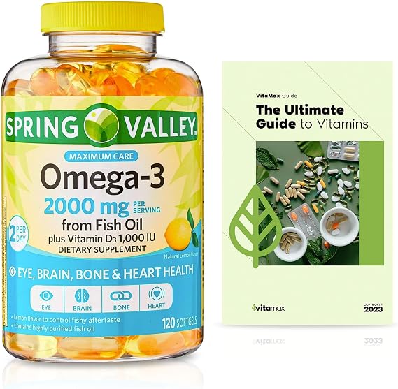Spring Valley Omega-3 from Fish Oil 2000 mg, Maximum Care, 120 Count + Exclusive VitaMax Vitamin Guide (2 Items)