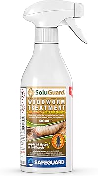 SAFEGUARD Soluguard Woodworm Treatment - Insects, Ready For Use High Strength Woodworm Killer Spray 500ml, Pale Yellow Liquid