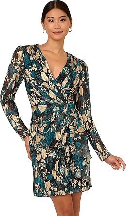 Adrianna Papell Womens Crinkle Foil Wrap Dress