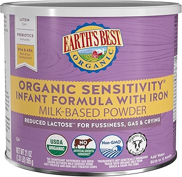Earths Best Organic Sensitivity Infant Formula, Babies 0-12 Months, Reduced Lactose, Iron, Omega-3 DHA, Omega-6 ARA, Organic Baby Formula, 21 Ounce Container
